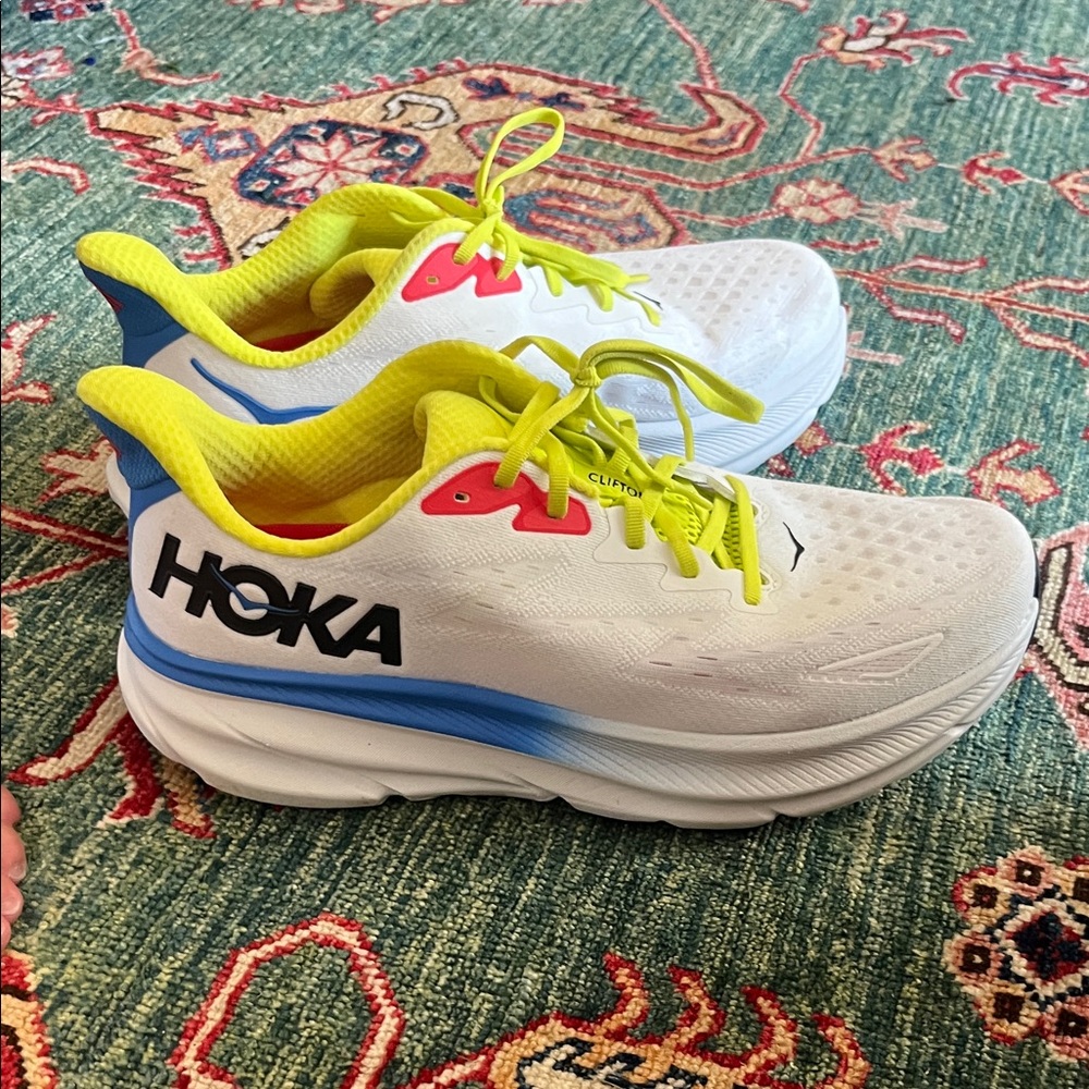Hoka White and Neon Yellow Sneakers Size 12